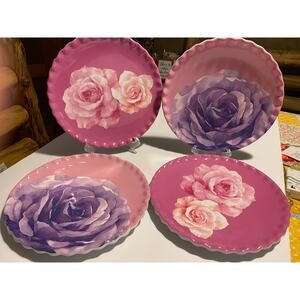 Set of 4 Jolie Fleur Roses 9” Plates Melamine Pink Purple Shabby Chic